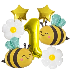 Détails du kit de 7 ballons avec abeilles, marguerites, étoiles et chiffre un doré