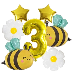 Set de 7 ballons abeille et marguerite pour 3ème anniversaire avec chiffre 3 doré brillant