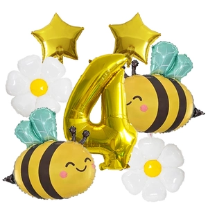 Détail du kit de ballons 4ème anniversaire avec numéro 4 doré abeille et marguerites