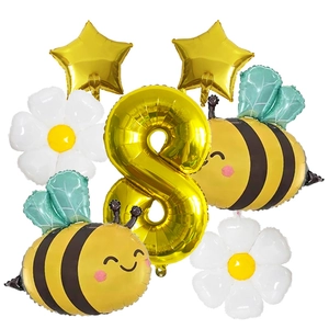 Détail du kit de 7 ballons abeille et marguerite avec chiffre 8 doré pour décoration