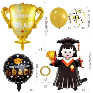 Dettaglio set palloncini di laurea con trofeo dorato, palloncini neri e con coriandoli