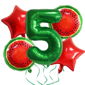Watermelon party balloon set with green number 5, star and fruit patterns on white background