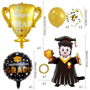 Dettaglio del set di palloncini per laurea con trofeo e palloncini in alluminio
