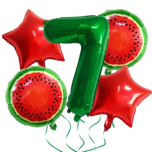 Detailed set of watermelon themed foil balloons with green number seven and red stars