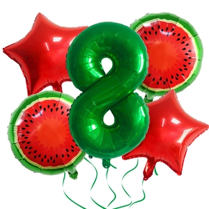 Watermelon fruit theme 8th birthday party balloon set with foil stars and ribbons