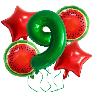 Detailed watermelon theme party balloon set with red stars and green number nine foil