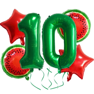 Watermelon fruit party balloon kit with green number 10 and red star foil balloons
