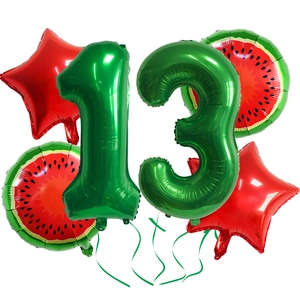 Watermelon theme party balloon set with number 13 and foil stars for 13th birthday decoration