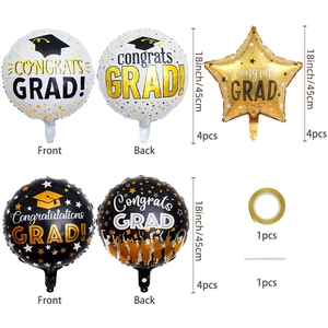 Vue à plat de ballons de remise des diplômes de 18 pouces en noir or et blanc avec texte