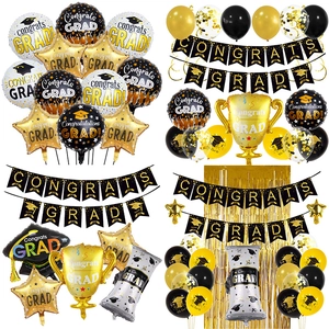 Congrats Grad Party Decoration Black Gold Balloon Trophy Star Foil Balloon Banner Graduation Ceremony Celebration