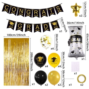 Black and gold graduation party set with dimensions of banners, balloons and foil curtain