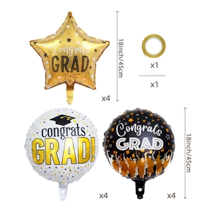 Detail set of 18 inch black and gold graduation balloons with Congrats Grad prints