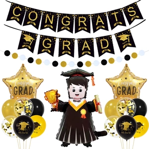 Black and gold graduation party set with Congrats Grad banner and star balloons