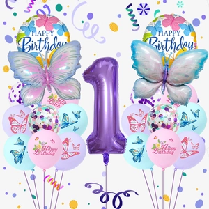 Butterfly Birthday Party Balloons Aluminum Foil Latex Confetti Decorations For Girls Kids Celebration Dreamy Purple Blue