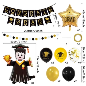 Detailed set of graduation party decorations with Congrats Grad banner and gold star balloons
