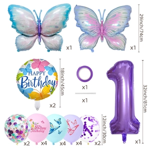 Purple butterfly birthday balloon set with number one and confetti latex balloons