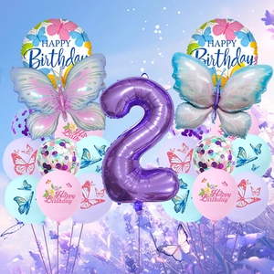 Purple butterfly birthday balloon set with number 2 and printed latex confetti balloons