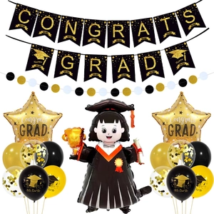 Graduation party decoration set with Congrats Grad banner and black gold balloons