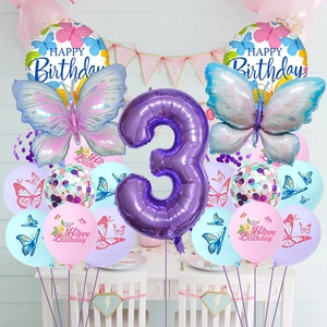 Butterfly birthday balloon set with purple number 3 and latex confetti decorations