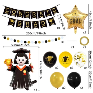 Detail view of Congrats Grad party set with black gold balloons and letter banner kits