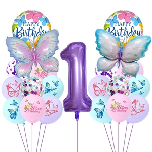 Detail showing butterfly theme first birthday balloon set with number 1 and foil butterflies