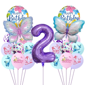 Blue and purple butterfly balloon set for girls 2nd birthday party decoration with number 2