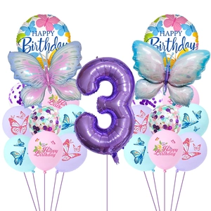 Detail of butterfly birthday decor set with purple number 3 and pastel latex balloons