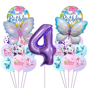 Butterfly theme 4th birthday balloon set with purple number 4 and colorful latex balloons