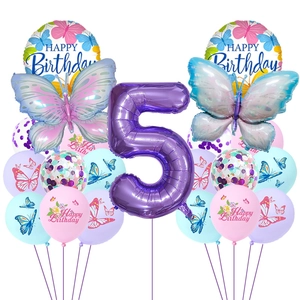 Macro detail of butterfly balloon set with purple number 5 foil balloon for 5th birthday