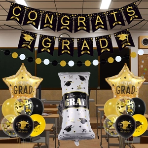 Graduation party decoration set with black and gold balloons and Congrats Grad banners