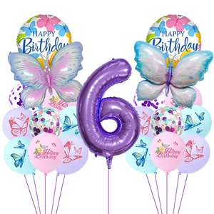 Detail of blue and purple butterfly 6th birthday balloon set with confetti and number 6