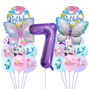 Detail of butterfly birthday set with purple number 7 balloon and latex confetti balloons