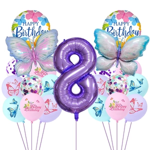 Detail of 8th birthday balloon set with purple number 8 and butterfly foil balloons