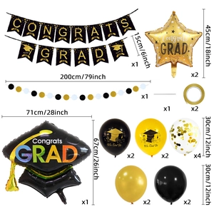 Detail view of Congrats Grad black and gold party set with balloons and banners