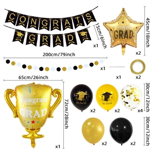 Black and gold graduation party set with Congrats Grad banner and trophy balloons