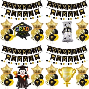 Graduation Party Decoration Kit With Congrats Grad Banner Foil Balloons Latex Balloons Black Gold Trophy Cap Theme