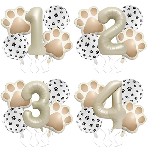 Paw Print Number Balloons Aluminum Foil Inflatable Decoration Birthday Party Pet Theme Celebration Cute Cream Color