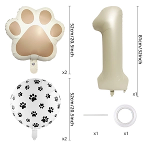 Cream dog paw and large number 1 foil balloon set for pet themed birthday party decor