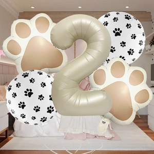 Beige number 2 balloon set with dog paw prints for pet themed birthday party decor