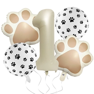 5-piece animal paw print balloon set with beige number 1 and paw-shaped foil balloons