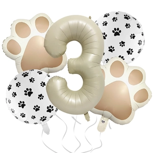 Detailed set of cream number 3 balloon and paw print foil balloons for pet birthday parties