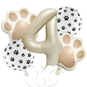 Cream number 4 balloon set with brown paw print foil balloons for birthday party decor