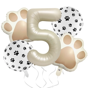 Detail of 32-inch champagne number 5 balloon with animal paw prints for birthday party