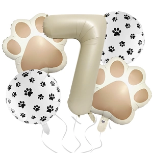 Detail of 5-piece pet theme party set with beige number 7 and paw print foil balloons