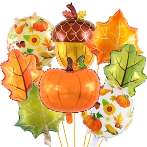 Detailed harvest balloon set featuring pumpkin, acorn, and maple leaf foil designs