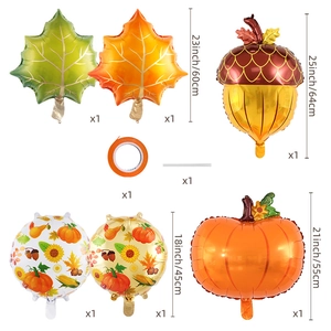 Detail view of Thanksgiving balloon set with pumpkin and maple leaf foil balloon dimensions