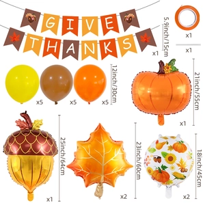 Fall Harvest Thanksgiving balloon set with Give Thanks banner and maple leaf pumpkin foil balloons