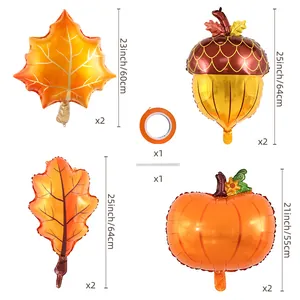 Detailed size chart for autumn harvest balloon set including pumpkin and maple leaves