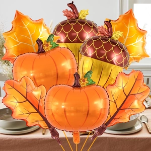 Autumn harvest balloon set with foil pumpkin, acorn, and maple leaf for party decoration
