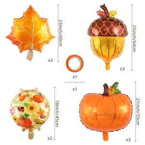 Detailed size specifications of Thanksgiving foil balloons including maple leaves and acorns